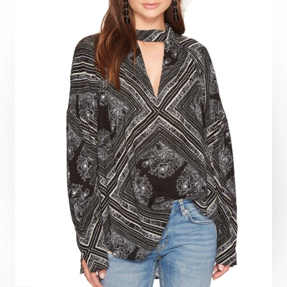 Free People Womens Walking On A‎ Dream Tunic Blouse Black White Oversized S boho